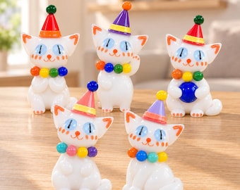 Handmade Glass Cat Figurine, Colorful Party Hat Ornament, Desk Decor (5 Styles)