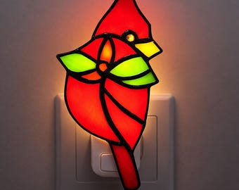 Handmade Stained Glass Cardinal Night Light, Red Flower Lamp, Vintage Wall Decor