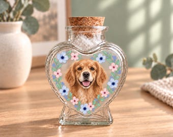 Personalized Pet Memorial Jar, Custom Photo Keepsake Bottle, Floral Design, Optional Engraved Name Tag