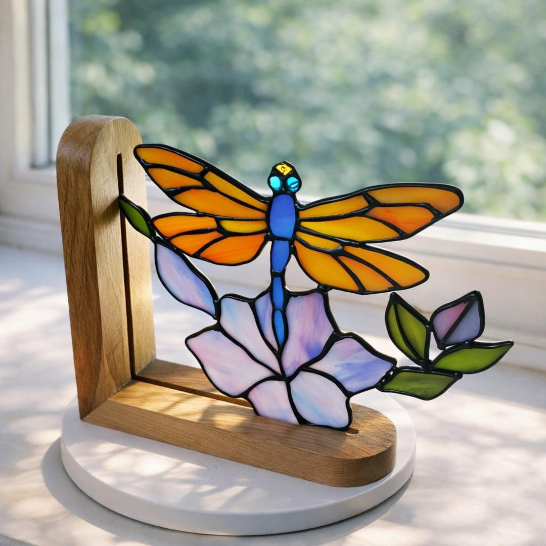 Handmade Stained Glass Dragonfly Bookend – Nature Wood Book Holder ...