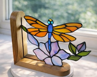 Fermalibri in vetro colorato fatto a mano a forma di libellula – Decorazione portalibri in legno naturale
