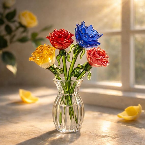 Handmade Blown Glass Rose Flower, Eternal Floral Decor, Romantic Keepsake