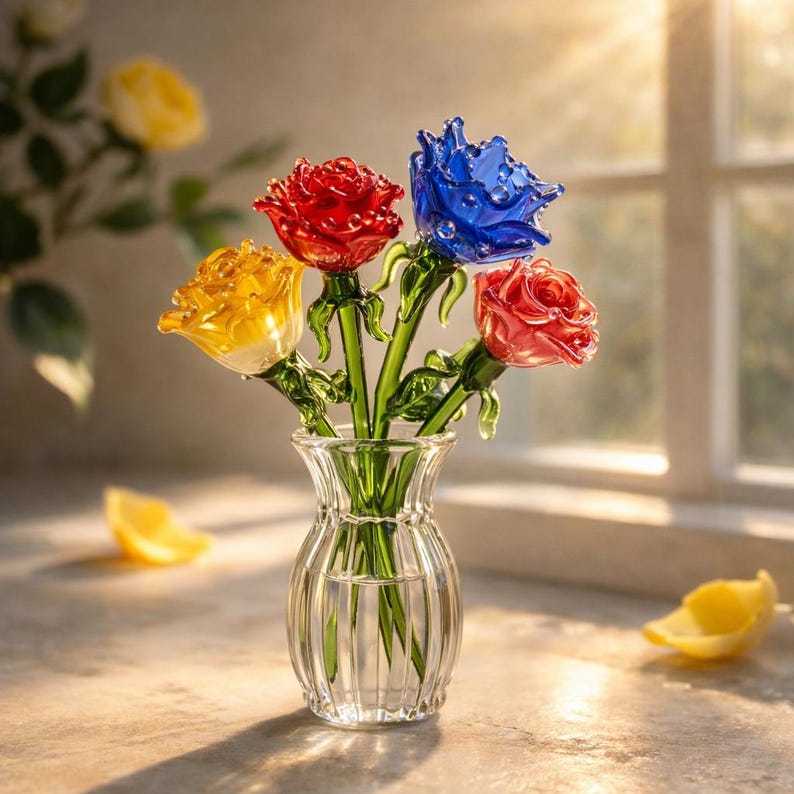 May include: A clear glass vase holds a bouquet of colorful glass roses. The roses are red, blue, yellow, and pink, with green stems and leaves. The vase is on a light-colored surface, with a window in the background.