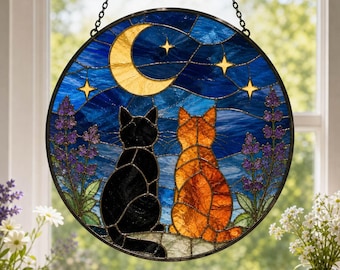 Acchiappasole personalizzato in vetro colorato con gatto, luna e stelle, da appendere alla finestra, regalo personalizzato per amanti degli animali.