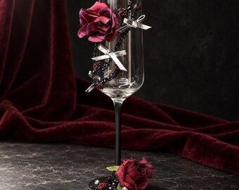 Hand Decorated Wine Glass, Floral Champagne Goblet, Gothic Wedding Toasting Glass (Set of 2)
