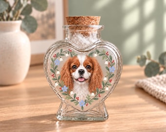Personalized Pet Memorial Jar, Custom Photo Keepsake Bottle, Floral Design, Optional Engraved Name Tag