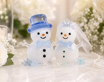 Handmade Glass Snowman Couple Wedding Cake Topper, Winter Bride Groom Keepsake