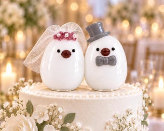 Handmade Glass Bird Wedding Cake Topper, Bride Groom Figurines, Anniversary Keepsake