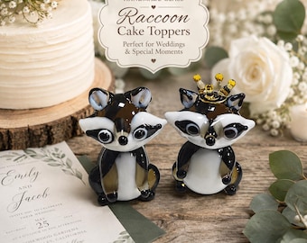Handmade Glass Raccoon Couple Cake Topper, Woodland Wedding Bride Groom Figurines