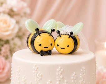 Handmade Glass Bee Wedding Cake Topper, Bride Groom Bumblebee Couple Figurines, Miniature Keepsake