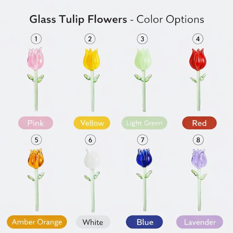 May include: A collection of glass tulip flowers in various colors, including pink, yellow, light green, red, amber orange, white, blue, and lavender. Each flower has a green stem and leaves. The text "Glass Tulip Flowers - Color Options" is at the top.