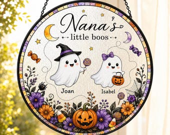Gepersonaliseerde Halloween-familie raamdecoratie, Nana's kleine pompoenen, raamdecoratie met eigen naam, cadeau voor oma