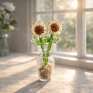 Hand Blown Glass Sunflower Keepsake, Forever Flower Decor, Mother's Day Gift