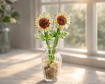 Hand Blown Glass Sunflower Keepsake, Forever Flower Decor, Mother's Day Gift