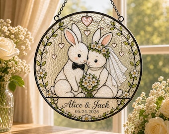 Acchiappasole personalizzato con coppia di coniglietti, decorazione per finestra con nomi personalizzati per matrimoni e anniversari.