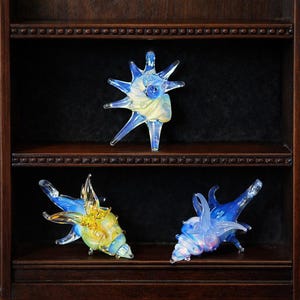 May include: Three glass seashell sculptures in shades of blue, yellow, and white are displayed on a dark wooden shelf. The top sculpture is star-shaped, while the other two have spiral shell designs. The shelf has a dark background.