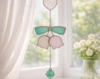 Stained Glass Bow Suncatcher Wind Chime, Lily Flower Hanging Decor, Rearview Mirror Car Charm