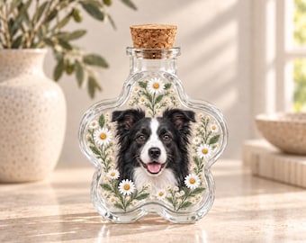Personalized Pet Memorial Jar, Custom Photo Keepsake Bottle, Floral Design, Optional Engraved Name Tag