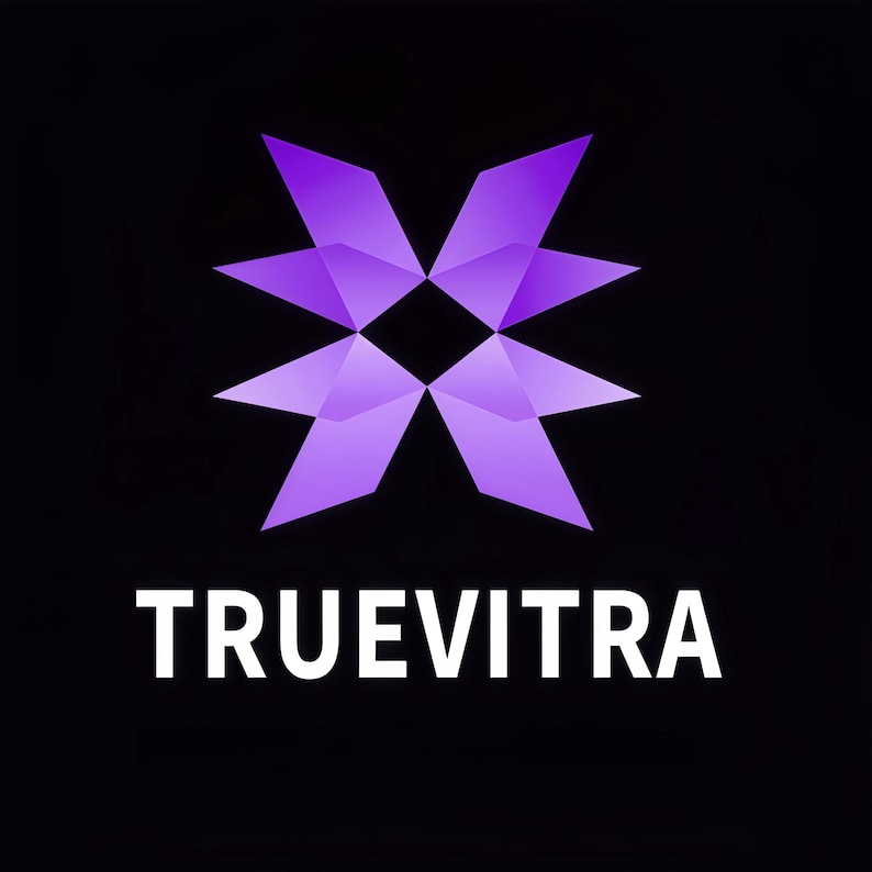 K&ouml;nnte beinhalten: Ein Logo mit einem stilisierten, achtspitzigen Stern in Lilat&ouml;nen auf schwarzem Hintergrund. Das Wort "TRUEVITRA" wird in wei&szlig;er, serifenloser Schrift unter dem Stern angezeigt.