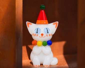 Handmade Glass Cat Figurine, Colorful Party Hat Ornament, Desk Decor (5 Styles)
