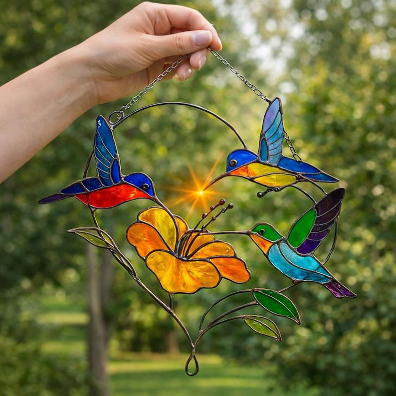 K&ouml;nnte beinhalten: Ein Glasfenster-Dekoration mit drei bunten Kolibris mit ausgebreiteten Fl&uuml;geln, einer gro&szlig;en gelb-orangenen Blume und gr&uuml;nen Bl&auml;ttern. Die V&ouml;gel sind blau, rot, gelb und gr&uuml;n. Die Dekoration wird von einer Kette gehalten.
