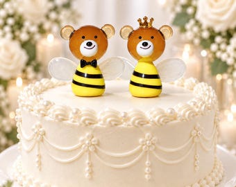 Handmade Glass Bee Bear Wedding Cake Topper, Groom Bow Tie, Bride Crown Figurines