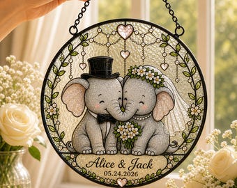 Acchiappasole personalizzato con elefante per matrimonio, con nomi e data personalizzati da appendere alla finestra, ricordo di anniversario.