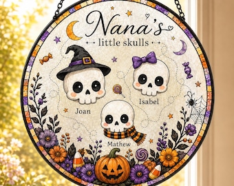 Personalized Halloween Skull Suncatcher, Custom Family Skeleton Window Hanging, Spooky Stained Glass Style Decor with Names, Halloween Gift