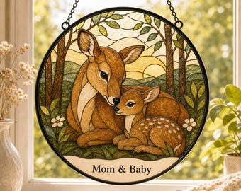 Decorazione personalizzata per la cameretta con cervo e cerbiatto, acchiappasole a tema bosco, con nomi personalizzati.