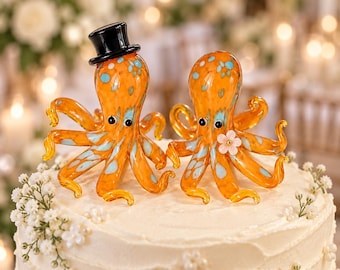 Handmade Glass Octopus Wedding Cake Topper, Ocean Couple Keepsake