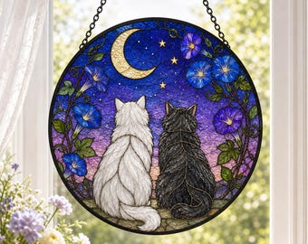 Decorazione personalizzata per finestre a forma di gatto, stile vetrata, per giardino, con coppia di gatti.