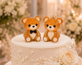Puede incluir: Dos figuras de oso de color ámbar translúcido sobre un pastel con glaseado blanco. Un oso lleva una pequeña pajarita negra y el otro una diminuta corona dorada. Ambos osos tienen detalles blancos en las orejas, el hocico y las patas.
