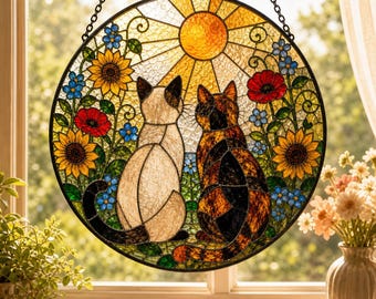 Acchiappasole personalizzato con coppia di gatti, stile vetrata artistica, da appendere alla finestra del giardino.