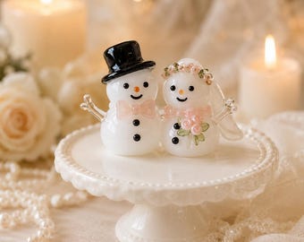 Handmade Glass Snowman Couple Wedding Cake Topper, Winter Bride Groom Keepsake