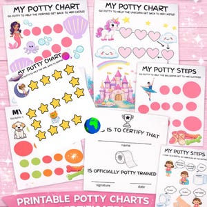 May include: A pink and white printable potty training bundle for girls. The bundle includes charts with mermaids, unicorns, and stars, plus a certificate. The text reads "Potty Training Bundle" and "Printable Potty Charts & Certificate!"