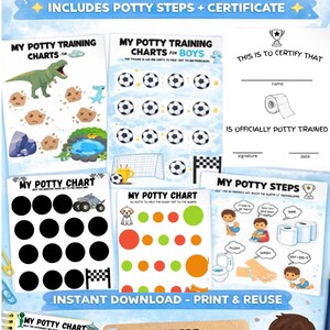 May include: A colorful potty training chart set for boys, featuring dinosaur, soccer ball, and race car themes. Includes a certificate, potty steps guide, and reward charts. The text reads "Fun Potty Training Charts for Boys".