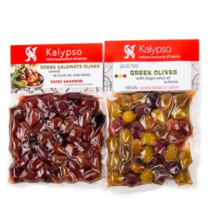May include: Two sealed packages of Greek olives from Kalypso. One package contains pitted Kalamata olives in olive oil and brine. The other package contains selected Greek olives with virgin olive oil in brine. The packaging has red and white labels.