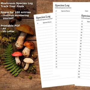 May include: A printable mushroom species log, with space for 100 entries, featuring sections for species name, date, and location. The image also shows various mushrooms and the text "Mushroom Species Log Track Your Finds".
