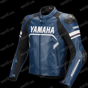 May include: Blue and black Yamaha motorcycle jacket. The jacket features the Yamaha logo in white across the chest. It has black panels on the sleeves and shoulders, with white and red stripes on the upper arm. The jacket has a zipper closure and protective padding.
