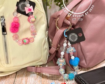 Beaded Bubu Character Phone Wristlet, Keychain, Bag Charm, Acrylic, Resin, Fuzzy and Hand-Painted Beads