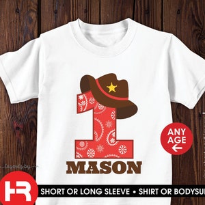 cowboy birthday shirt or bodysuit monogram with name & any age • personalized western theme party tee • red bandana design