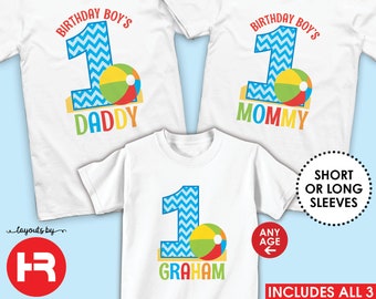 beach ball birthday shirt or bodysuit with mommy shirt & daddy shirt • any age • beach birthday party • custom pool party birthday t-shirt
