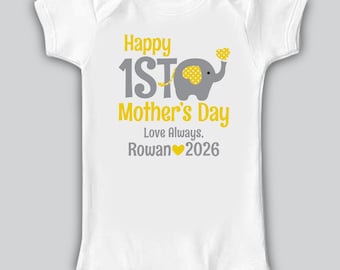 first mother's day bodysuit or shirt monogrammed with name & year • yellow/gray elephant personalized 1st mothers day gift from baby