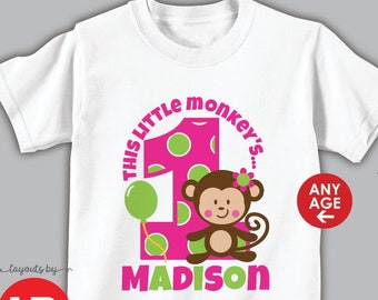 girl monkey birthday shirt or bodysuit • personalized with child's name & any age • monogrammed girl's zoo birthday t-shirt