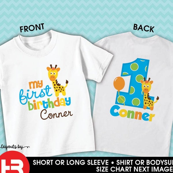 boy giraffe 1st birthday shirt or bodysuit • front & back print • personalized first birthday t-shirt • monogram zoo birthday party outfit