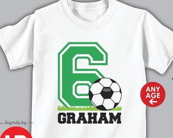soccer birthday shirt or bodysuit (green number) • soccer party t-shirt with child's age and name • soccer shirt