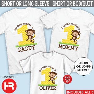 monkey birthday shirt or bodysuit with matching daddy shirt & mommy shirt • any age • personalized monkey and banana birthday t-shirt