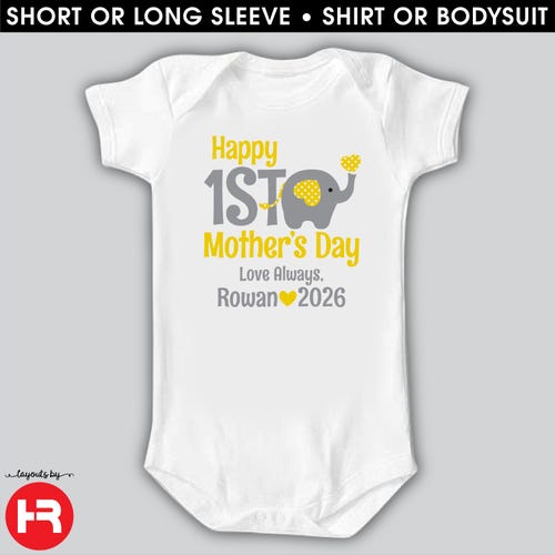 1e body ou chemise pour la fête des Mères portant le monogramme du nom et de l'année • Éléphant jaune/gris personnalisé, cadeau de 1e fête des Mères de bébé