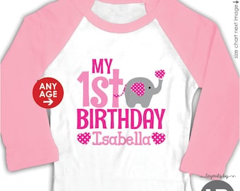Personalized Elephant Birthday Party Shirt • Girl's Pink Raglan Outfit