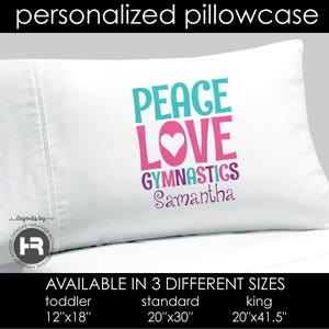peace love gymnastics pillowcase monogram with name • decorative girls personalized pillow case bedding • gymnastics team gift